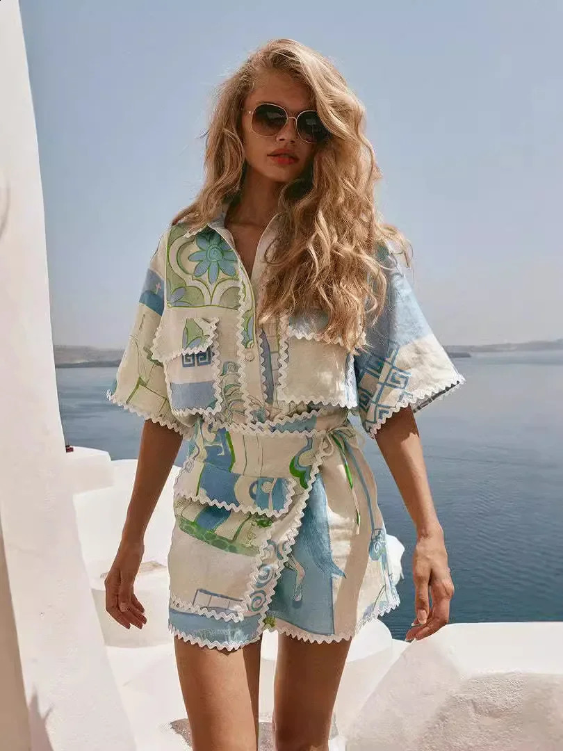 Vintage Print Casual Shirts Loose Women Tops and Mini Skirts Suit 2024 Elegant Fashion 2 Piece Sets Female Chic Outfits Trend 241205