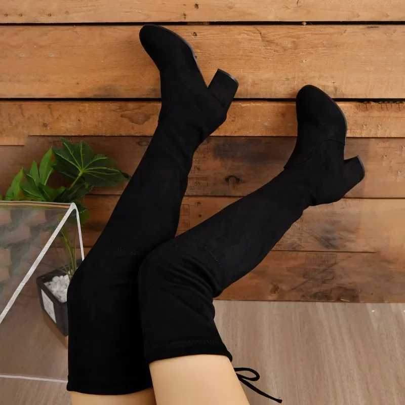 High Quality Sexy club black thick high heels suitable for wearing shoes above the knee and elastic boots Botas Altas Plataforma Mujer T241206