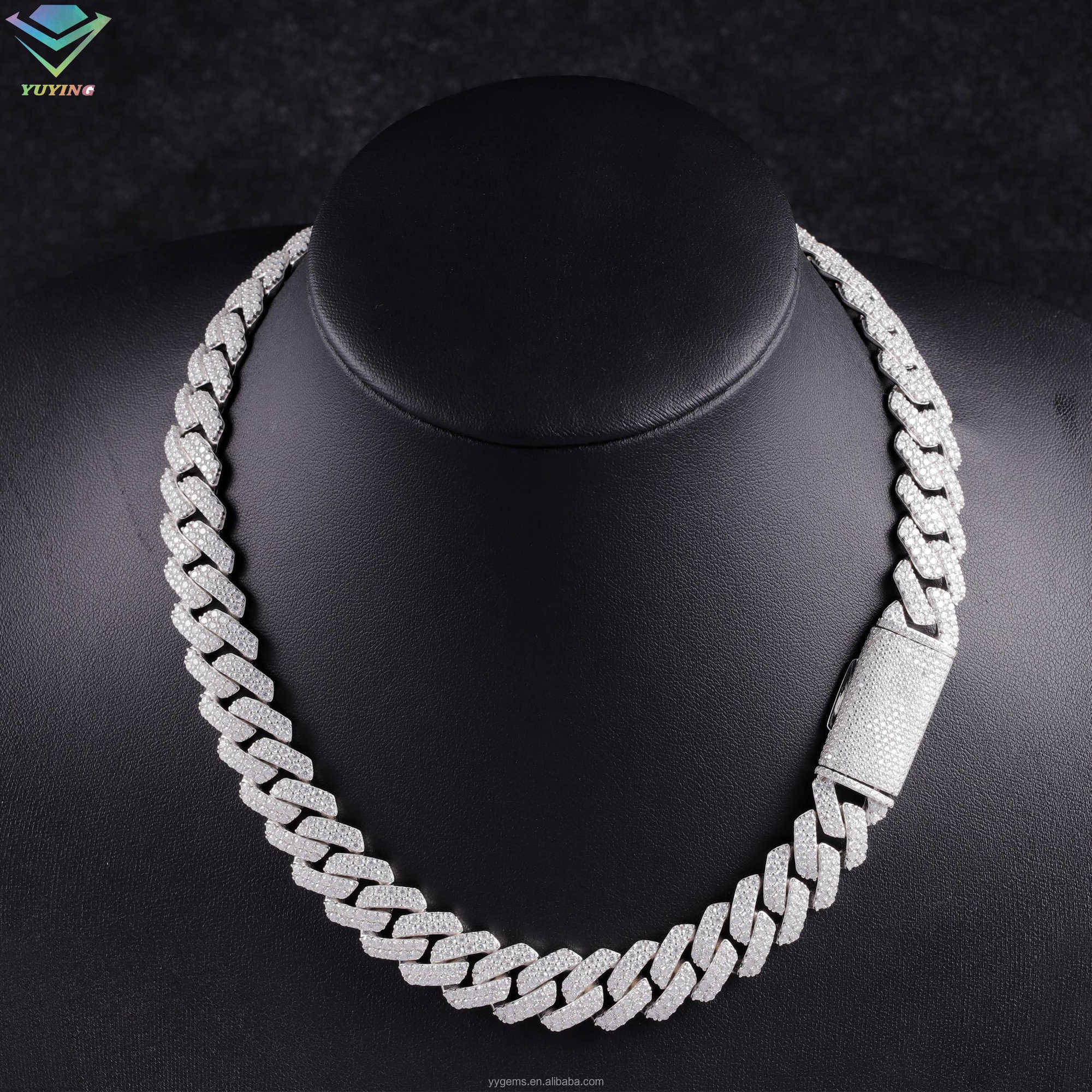 Hot Sale VVS Mossanite Cuban Chain Jewelry 2rows 15mm Wide 925 Solid Silver iced out Diamond Cuban Link Chain Hip Hop Necklace