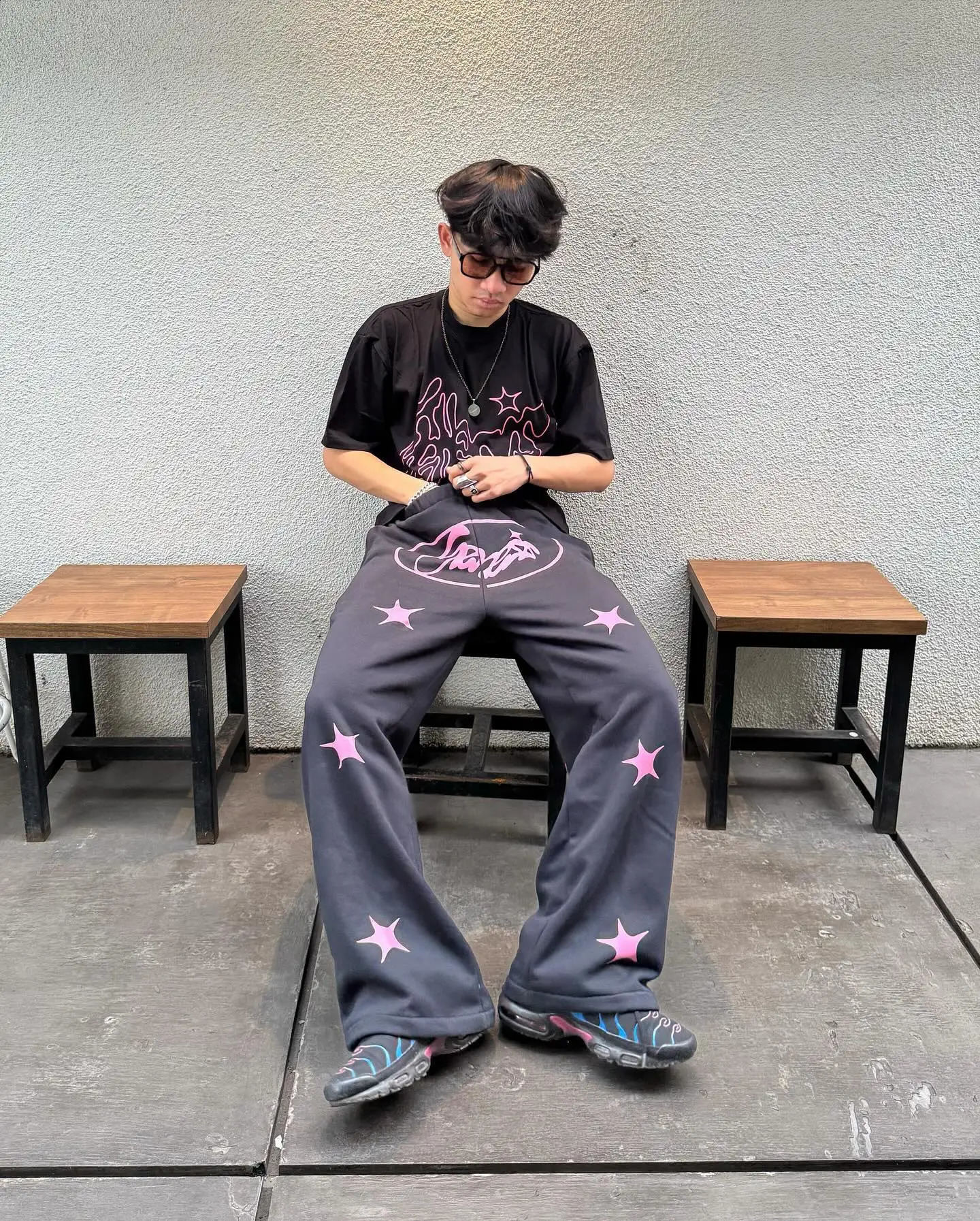 Casual Pink Stars Graphic T shirts Two Piece Sweatpant Y2K Clothes Men Streetwear Oversized Lounge Pants Set Clothing 241205