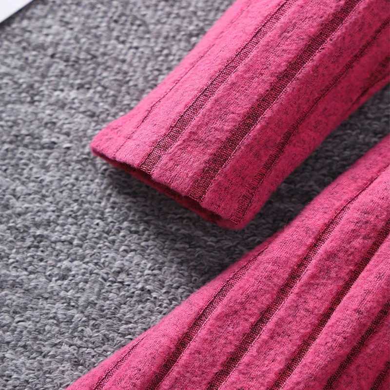 Winter Girl High Collar Sheep Leg Sleeves Knitted Pit Striped Pink Dress Crossbody Bag Princess Birthday Par DressXJ241206