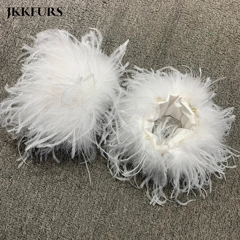 Womens wide and long feather fur cuffs 100% real feather detachable sleeves wristband heater S47 241206