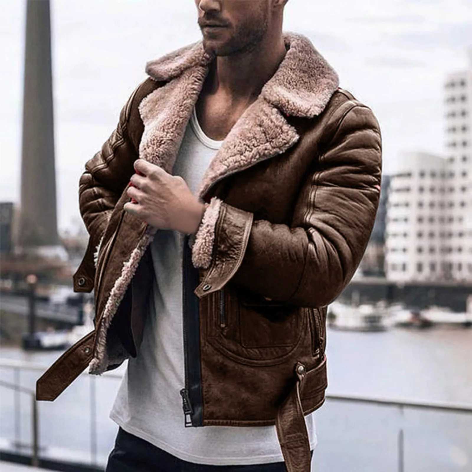 Autumn Winter Fashion Faux Fur Bomber Jacket Mens Thicken Motorcycle Jacket Zipper Double-sided Fur Jackets Keep Warm CoatsXJ241206