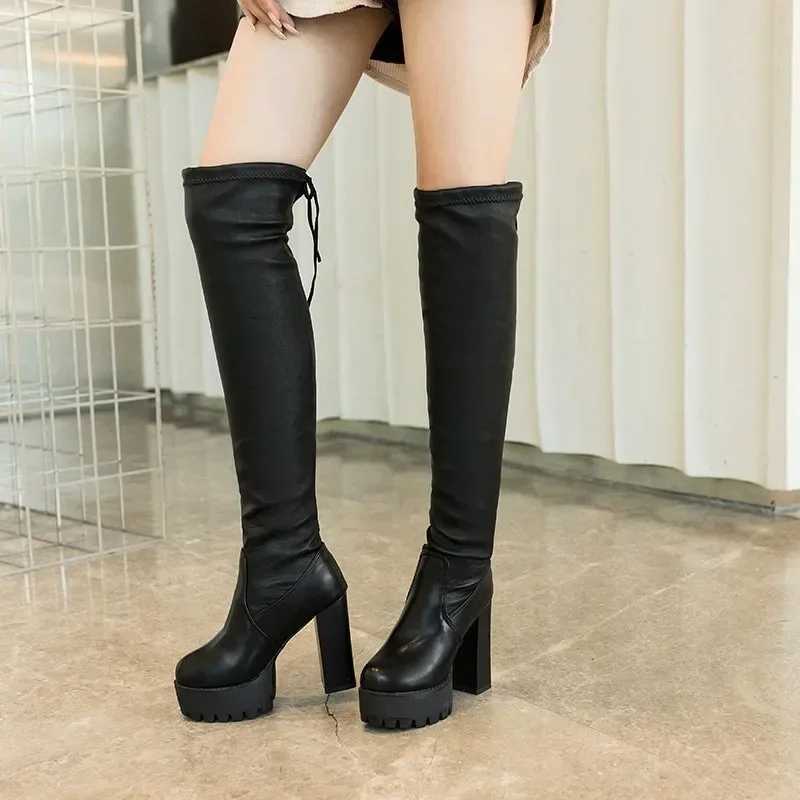 High Quality Mao Dou High Heel Platform Thick Boots Warm Womens Shoes Autumn Warm Leather Lg Boots on Knees T241206