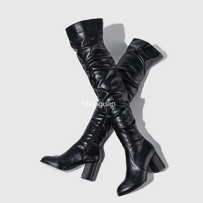 High Quality Black high-quality soft wrinkled leather knee strap boots Fi zipper round toes block shaped square H motorcycle shoes T241206