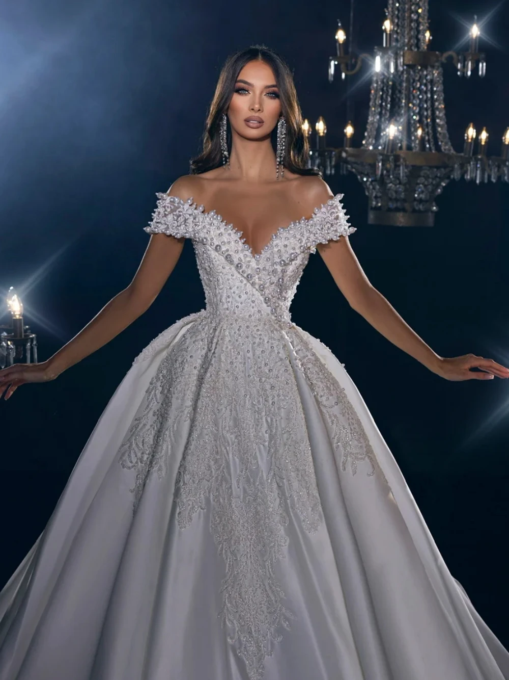 ful Off The Shoulder Bridal Dress Sequins Pearls Wedding Satin Ball Gown Bride Robe Vestido De Novia
