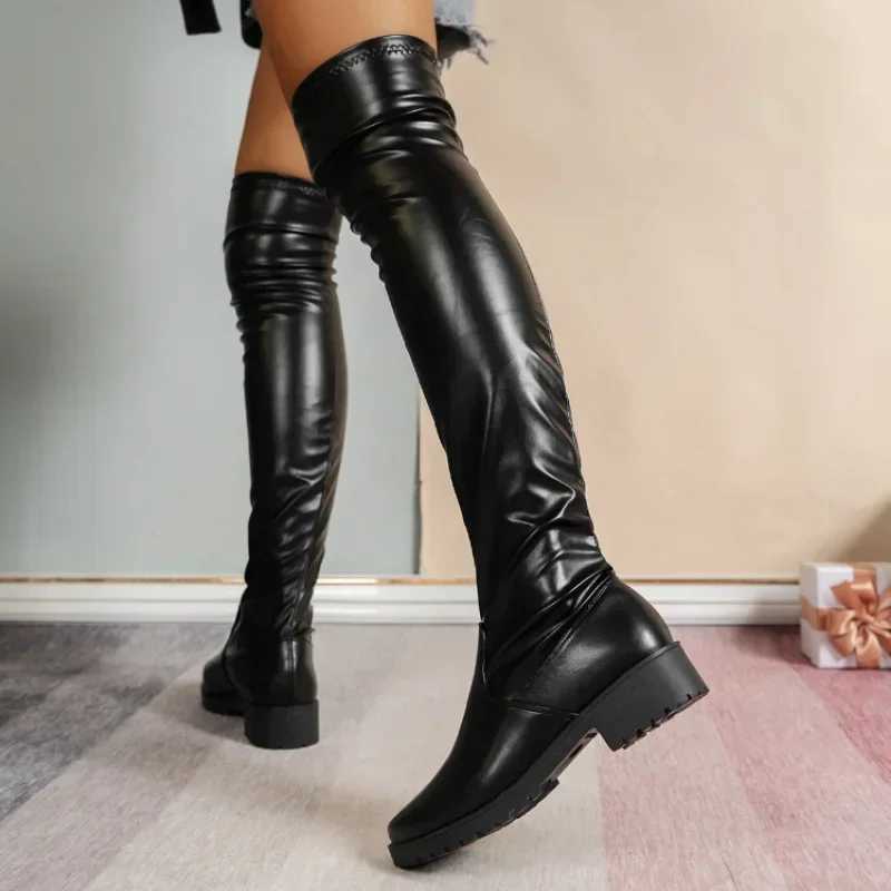 High Quality Wens Over the knee Boots Thin High Low Heel Trend Elegant Plus Size Cfortable Fi Round Black T241206