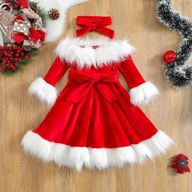 Christmas Dress Kid Baby Girl Clothes Faux Fur Patchwork Long Sleeve Off Shoulder A-Line Dress with Belt Bow HeadbandXJ241206