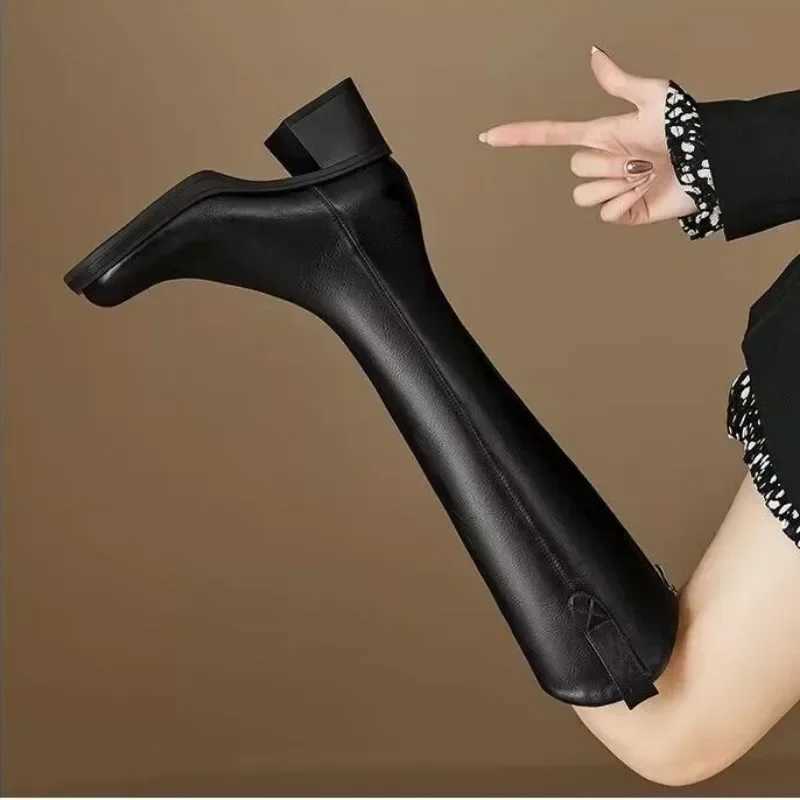 High Quality Fem new knee high Wens boots classic modern boots with stitching circular heel thick zipper H shoes for women T241206