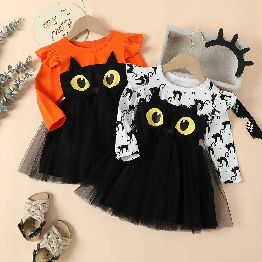 Halloween Infant Baby Girls Tulle Costume Cute Black Cat Lace Dress Ruffles Long Sleeve Princess Clothes Par OutfitsXJ241206