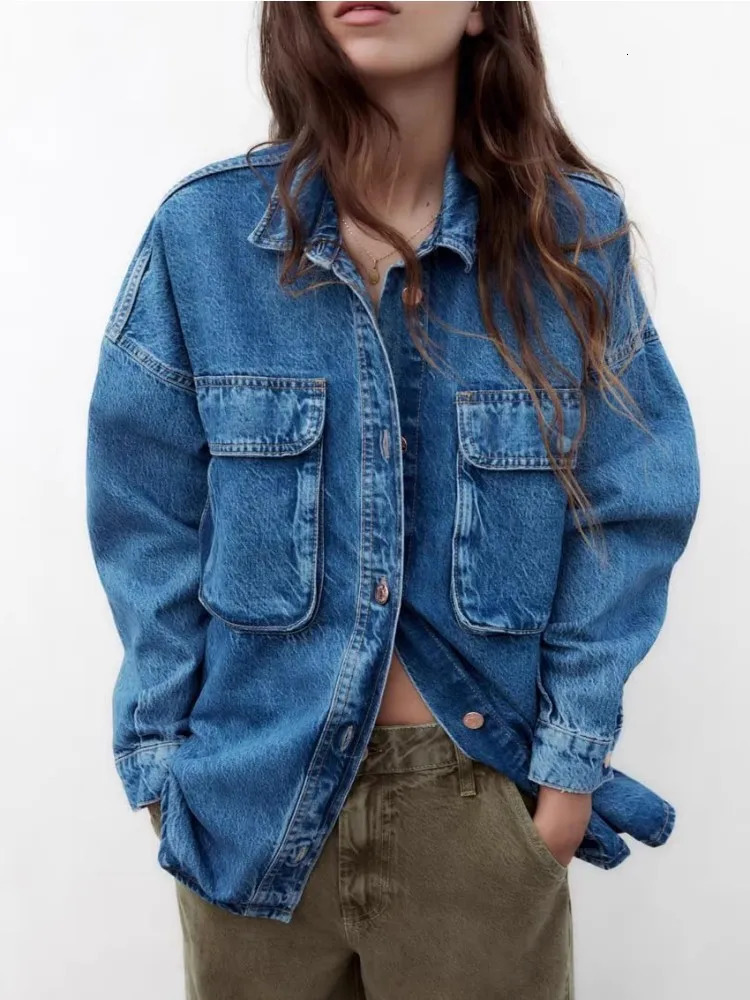 Blue loose denim shirt n with patch pockets set vintage washed casual lapel short jacket 241206