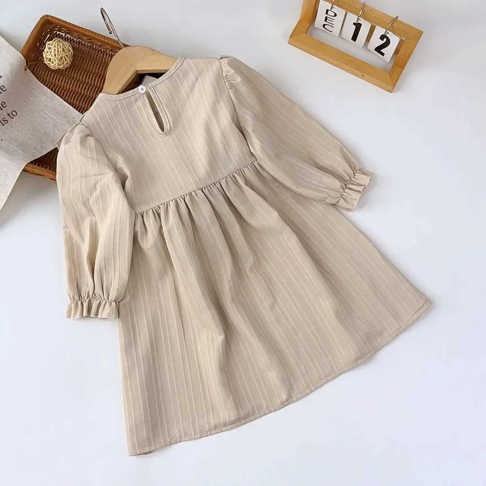 Autumn Kids Dresses for Girls Round Neck Long Sleeved Pleated Edge Solid Color Dress Kids Clothes Childrens Daily Casual WearXJ241206