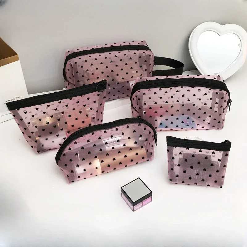 Love Print Mesh Cosmetic Bag Portable Toiletry Organizer Makeup Bag Multifuncti Transparent Women Lipstick Storage PouchXJ241206