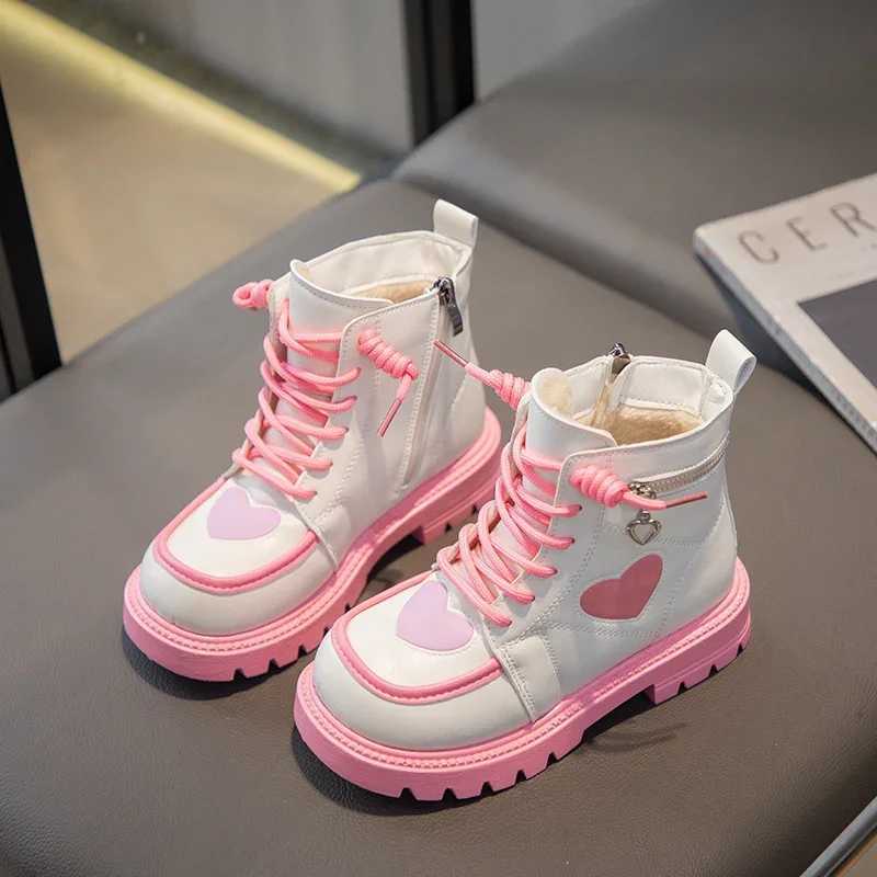 Girls Fashion Boots Kids Rubber Boots Cool Autumn and Winter Cotton Soft Sole Pink with Love Side Zip Children Princess Boots PUXJ241206