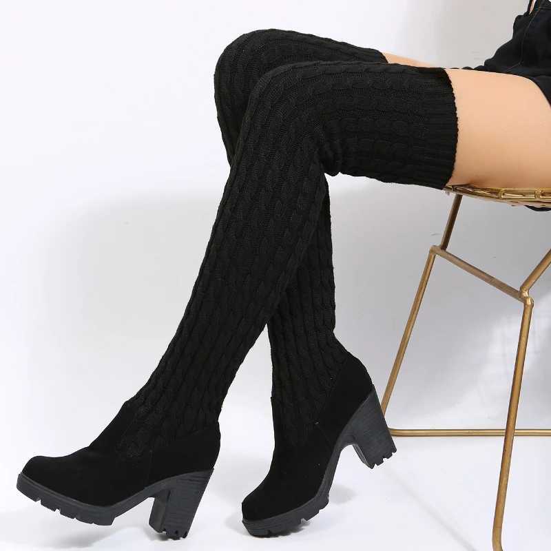 High Quality New autumn and winter breathable knitted socks womens thick high heels Streh round toe platform boots T241206