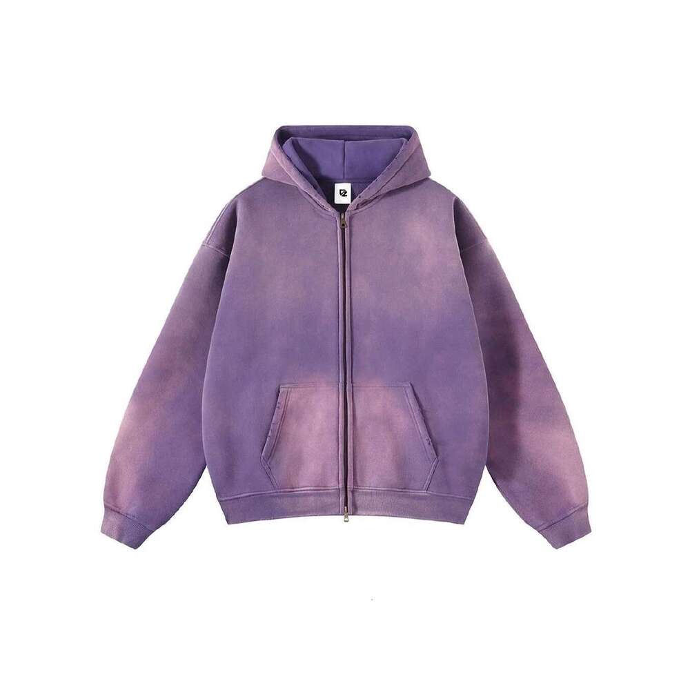 Men's gradient solid color hooded cardigan, women's casual sportswear, loose zipper casual couple's top, retro basic multi-color worn-o