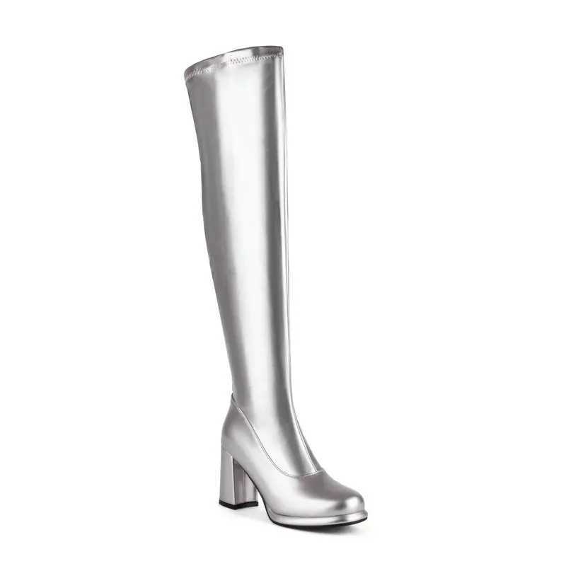 High Quality Patent PU Gold Sier White Overknees Sexy Block High H Wen Winter Shoes Plus Size 47 48 Over the Knee Streh Boots T241206