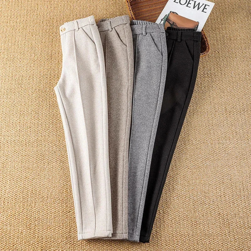 Autumn womens wool pants high waisted elastic velvet thick casual harem pants winter outerwear warm womens pants 241202