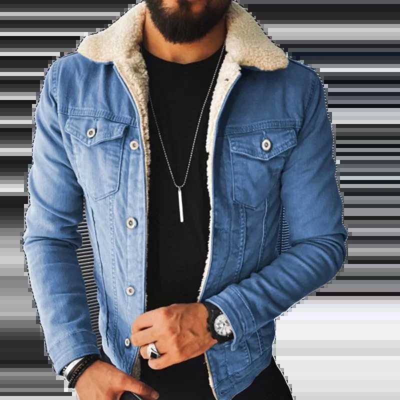 2023 European and American Outerwear Mens Imitation Lamb Wool Style Thickened Denim Outerwear Mens New Winter JacketXJ241206