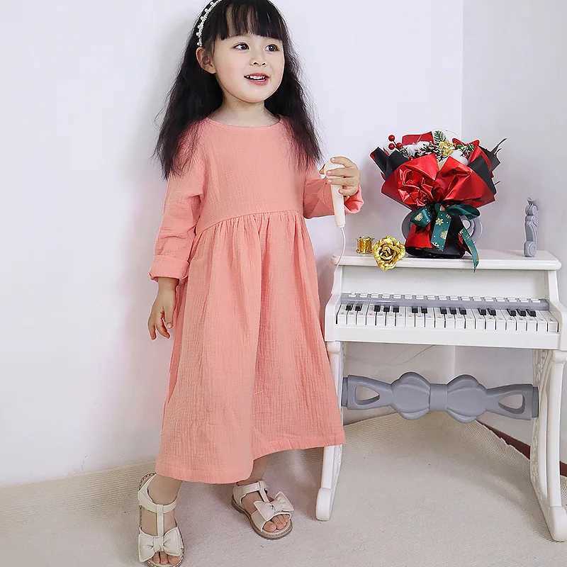 Autumn Kids Dress Summer Sleeveless Linen Cotton Dresses for Toddler Girl Ruffle Solid Children Long Sleeve Dress Birthday GiftsXJ241206