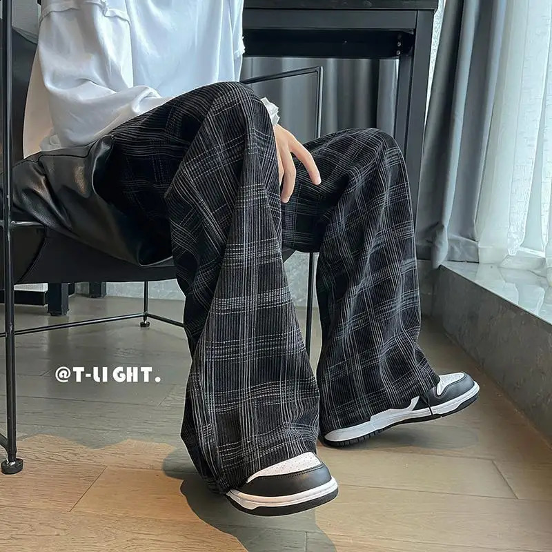 Vintage Plaid Trend Straight Pants Spring Autumn Elastic Waist Loose Casual Wide Leg Sports Fashion Korean Men Clothes 241205