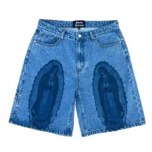 American retro summer denim shorts summer Y2K personalized letter printed shorts hip-hop goth high street loose casual shortsXJ241206