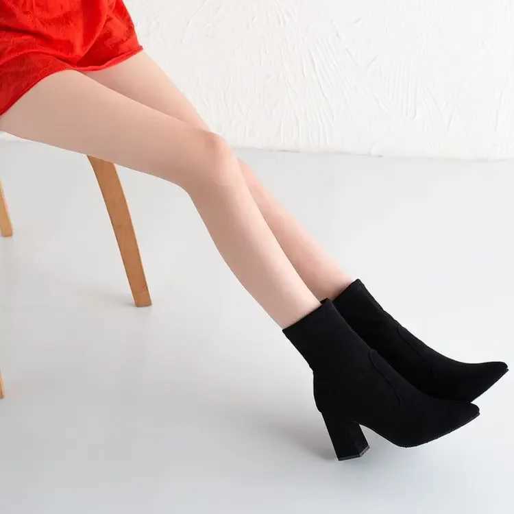 High Quality Black brown thick heel ankle boots Winter shoes elegant high toe toes keeping warm short boots T241206