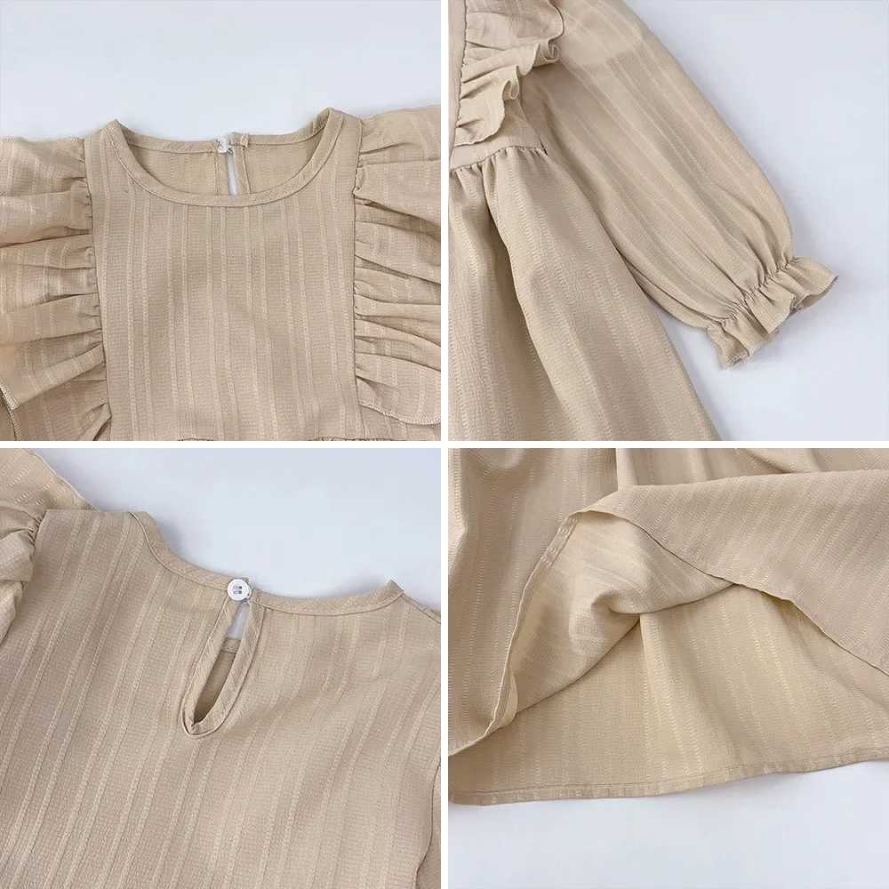 Autumn Kids Dresses for Girls Round Neck Long Sleeved Pleated Edge Solid Color Dress Kids Clothes Childrens Daily Casual WearXJ241206