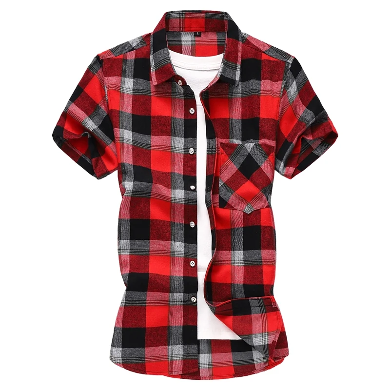 Fashion Striped Plaid Short-sleeved Shirt Men's Single-breasted Square Collar Cotton Shirts Summer Casual Camisa Men Chemise 7XL