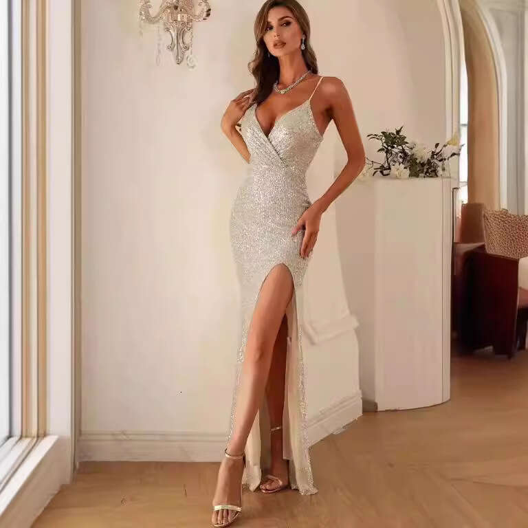 2025 spring and summer banquet design sense suspender sequin deep V evening women's fishtail dress 2024 new casual fashion trend clothing