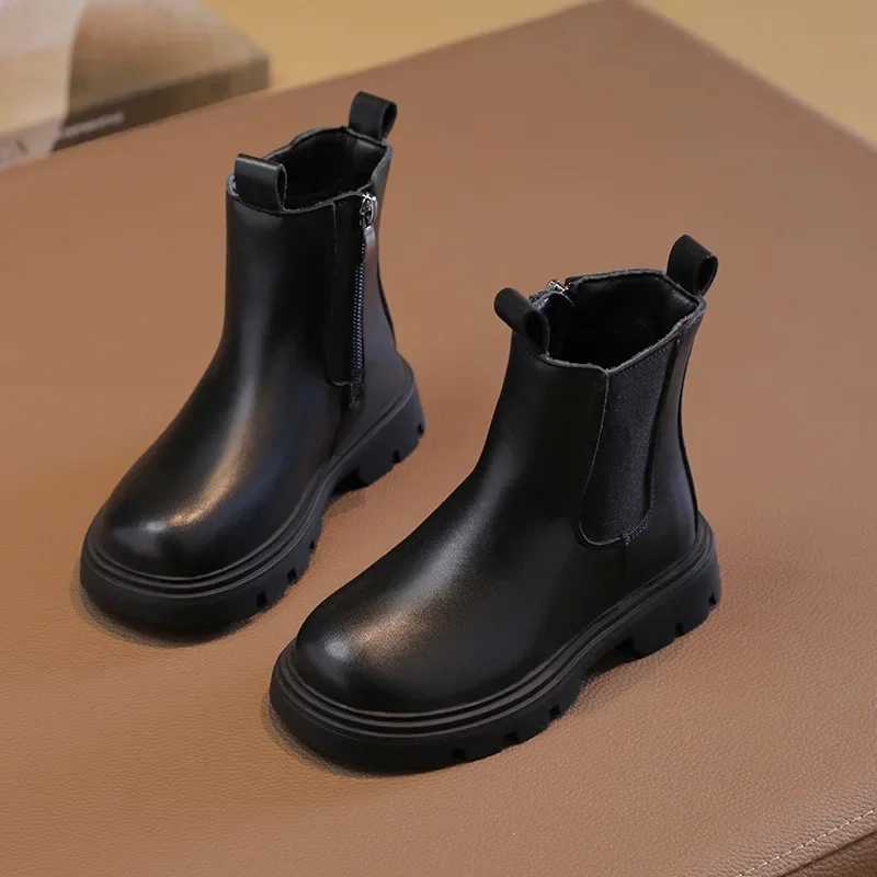 Classic Childrens Black Boots Simple Thick Bottom Autumn Boots for Girls Matte PU Leather Kids Fashion Ankle Boots Round-toeXJ241206