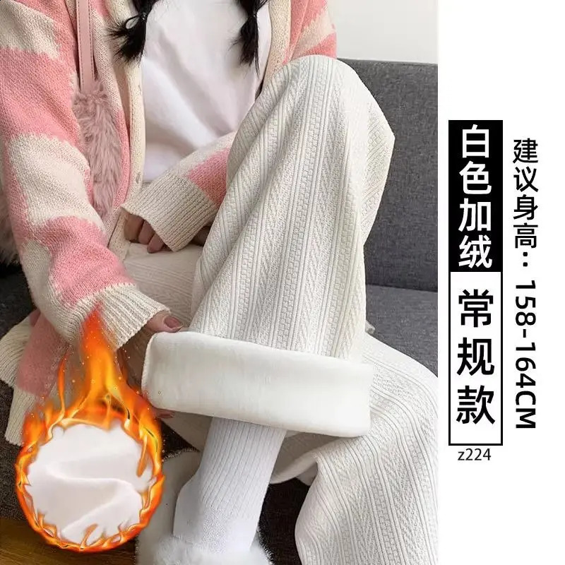 Autumn/Winter Full Match Wool Wide Leg Pants for Womens Casual Solid Color Elastic Waist Trouser Womens Clothing Thick Pants 241202