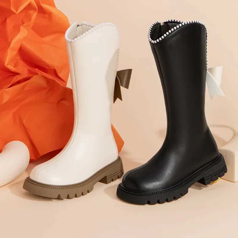 Long Boots for Girls and Children 2024 New Winter Long Leather Boots Princess Foreign Girls Plus Cashmere ShoesXJ241206
