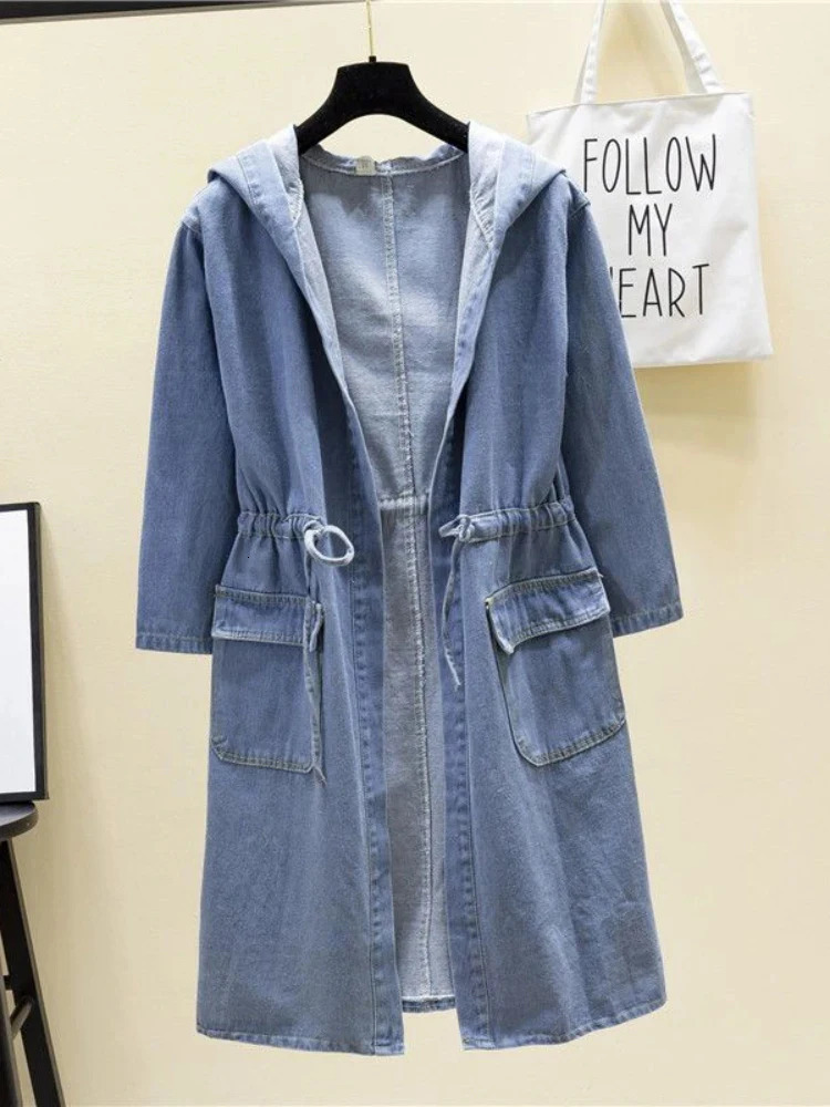 Fitting Drawstring Long Strap Denim Jacket Womens Fashion Style Pocket Hooded Jeans Clothing 2024 241206