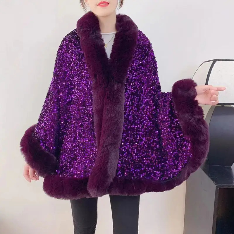 Womens Autumn Winter Fashion Sequined Cape Coat Women With Thicken Shawl Fur Collar Jacket Female Versatile Outerwear 2702 241204