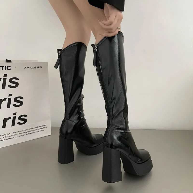 High Quality Platform Womens High Heels Elegant Knee High Heels Text Back Square Zipper Thick High Heels Fem T241206