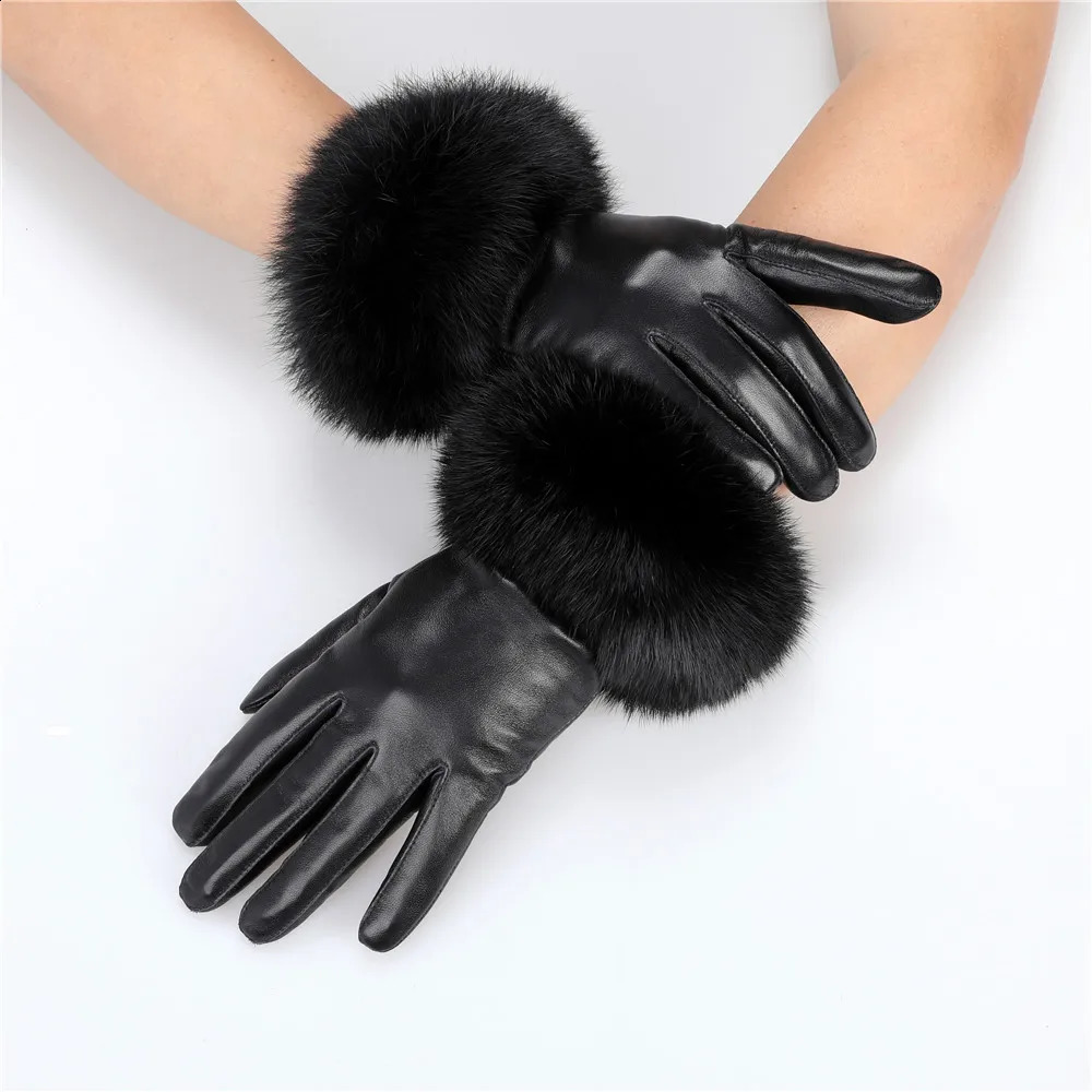 ly arrived wholesale womens genuine sheepskin leather gloves with rabbit fur cuffs womens bicycle warm gloves wool lining 241206