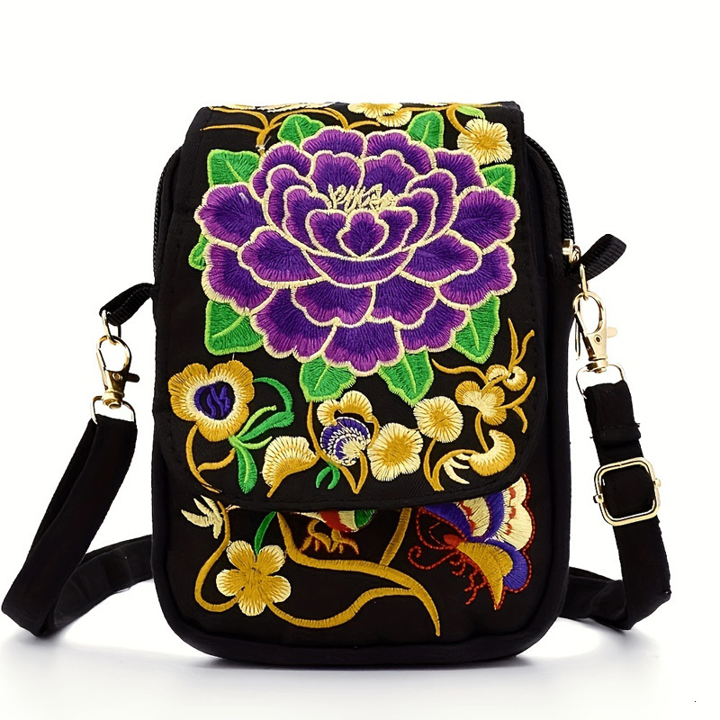 Yunnan Ethnic Style Women Bags Embroidered Cross Shoulder Mini Flip Cover Change Mobile Phone Bag