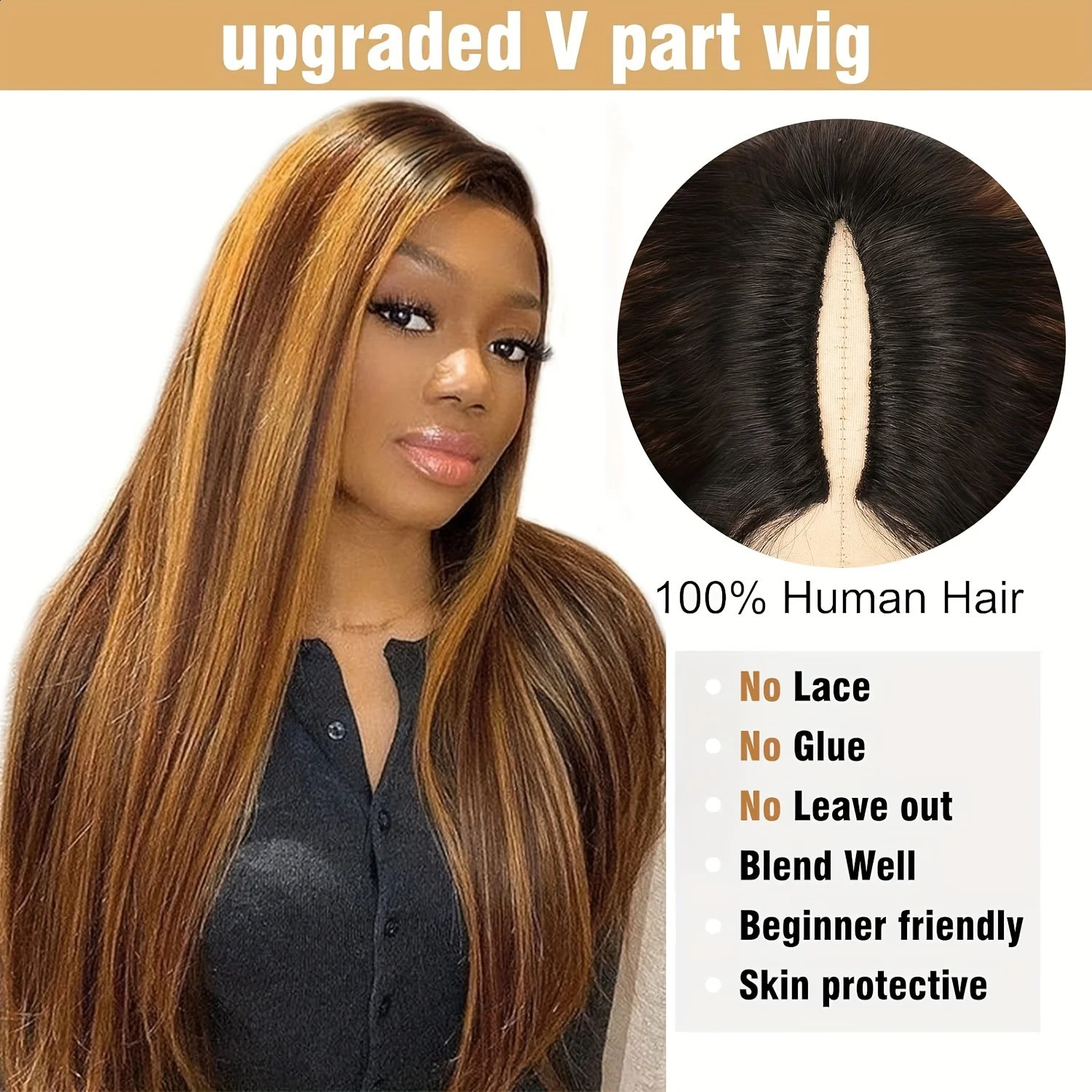 Non adhesive clothing Go Highlight V Part straight hair wig Honey blonde 4/27 Colored wig No need to leave Non adhesive V-shaped Mach 241206