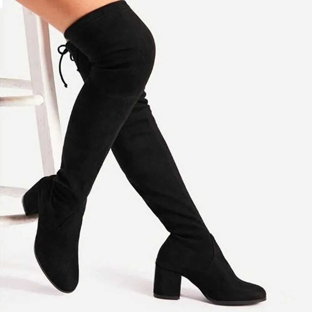 High Quality Large size 43 sexy warm tight knee boots classic 7cm block high elastic long boots party shoes T241206