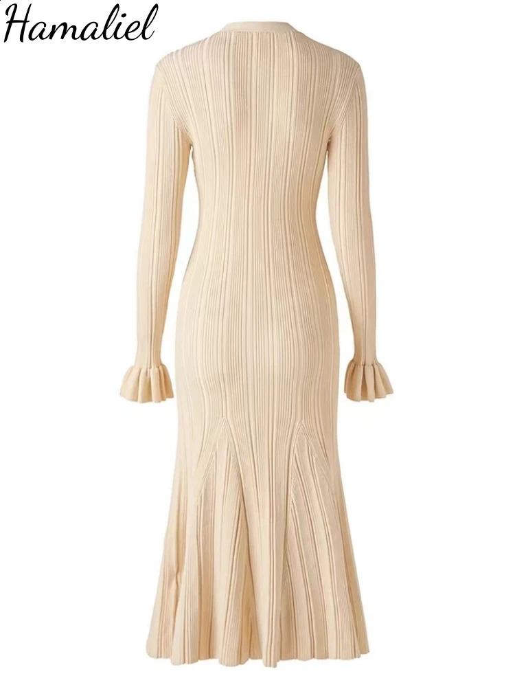 Autumn Winter Shine Knitted Dresse Chic V Neck Single Breasted Flared Sleeve Ruffles Hem Thicken Sweater Robes Vestidos 241205