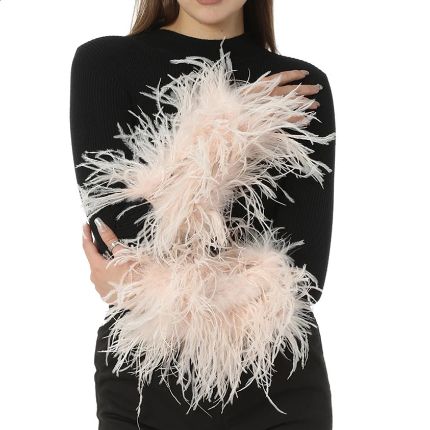 Womens Natural Ostrich Feather 1 Pair Arm Sleeve Wrist Cuff Warm Party Bridal Concert Fur 230401 241206