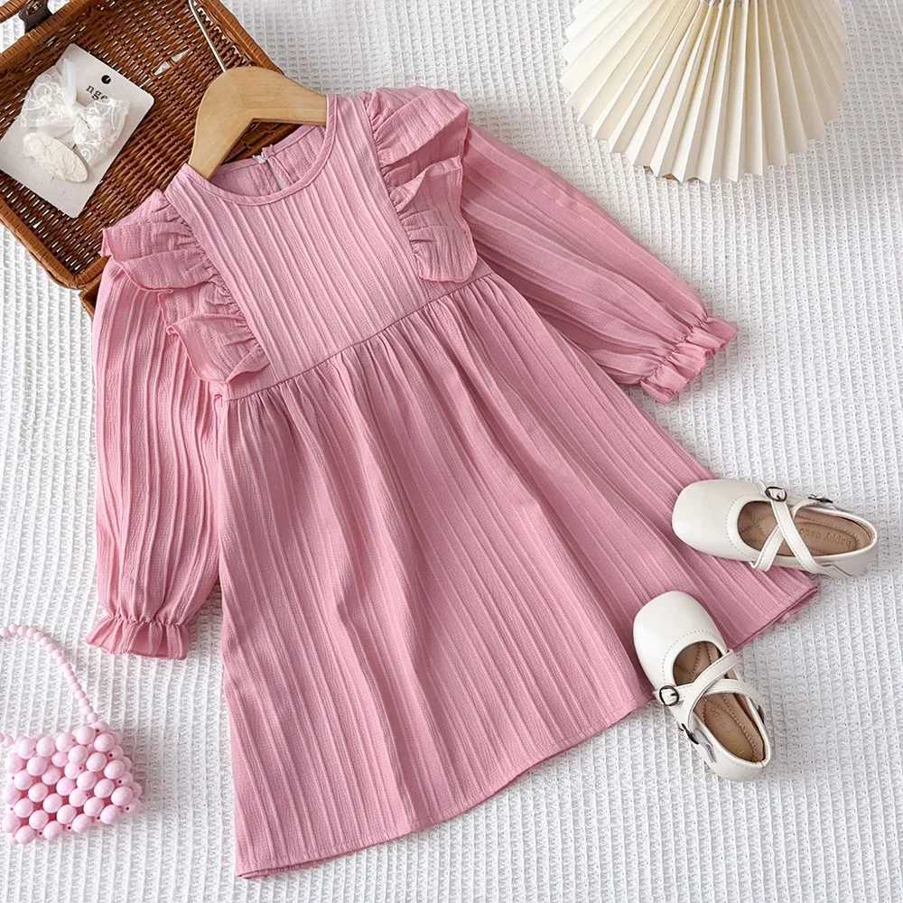 Autumn Kids Dresses for Girls Round Neck Long Sleeved Pleated Edge Solid Color Dress Kids Clothes Childrens Daily Casual WearXJ241206