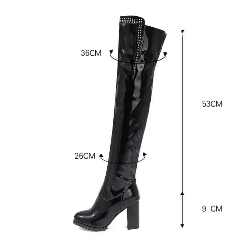 High Quality Sgesvier Wen Square High H Thigh High Boot Wan Shiny Patent Leather Black and White Knee Boots Womens Party Shoes T241206