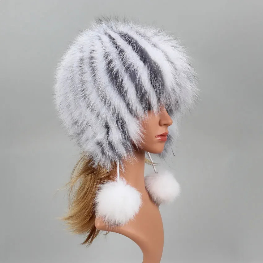 Real fox fur puffy bomber winter bonnet hat Russian female bear natural raccoon fur hat Knitted skull bear female hat 241206