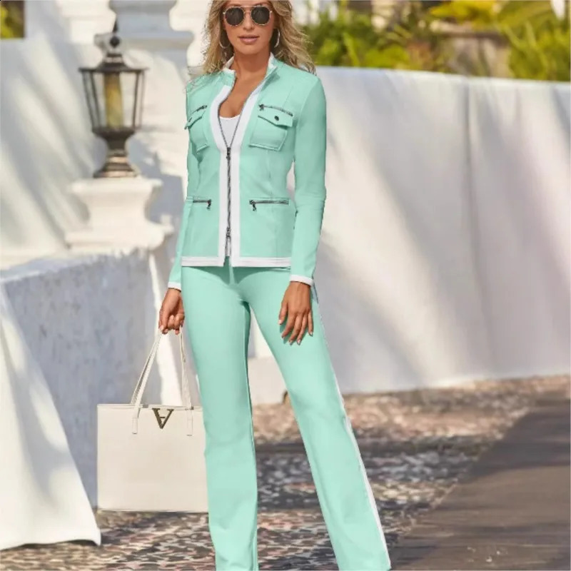 Autumn Fashion Two Pice Set Color Blocking Zipper Elegant Office Pencil Knitted Suit Casual Bodycon Pants Vestido 241205