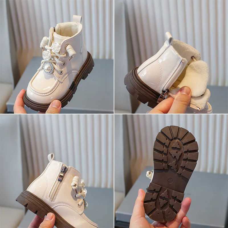 Botas Nia Kids Fashion Ankle Boots Winter Warm Plus Cotton Girls Boots Pearl Rhinestone Princess Botas Soft Sole Children ShoesXJ241206