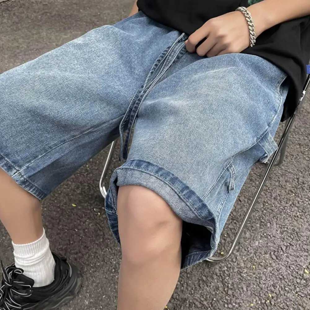 Plus Size Men Denim Shorts Elastic Drawstring Waist Straight Wide Leg Shorts Solid Color Beach Shorts SummerXJ241206