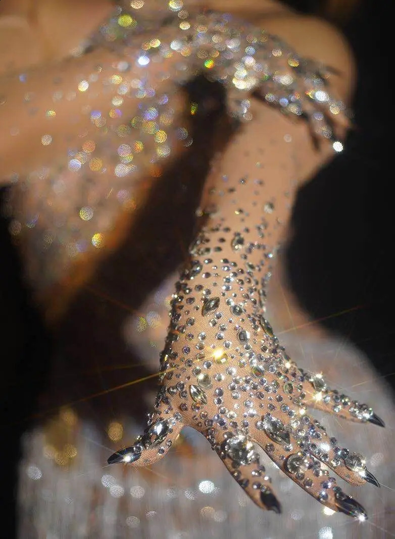 Stretch Rhinestone Gloves Women Sparkling Crystal Mesh Long Perspective Gloves Dancer Singer Stage Wear Accessories 250408