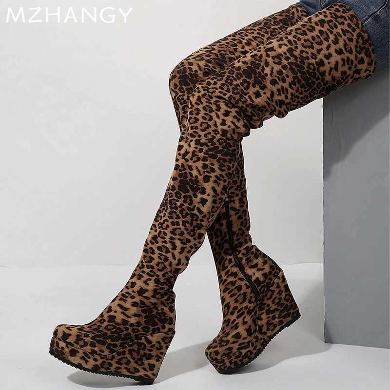 High Quality Leopard Wedges Wen High Boots Suede Platform Sexy Over The Knee Shoes Designer Zip Boots Winter New Edition MUJI Botas T241206